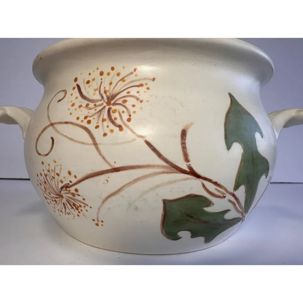 Handmade Hand Painted Ceramic Bean Pot Casserole with Dandelion Design - Signed